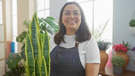 Smiling woman with glasses stands surrounded by vibrant plants in a bright indoor flower shop.