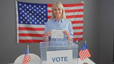 American woman voting in an election with usa flags in background