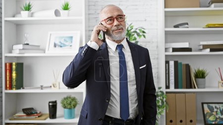 Ein reifer Geschäftsmann im Anzug benutzt ein Telefon in einem modernen Büroumfeld