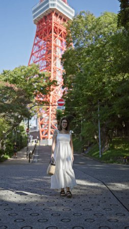 Schöne hispanische Frau mit Brille genießt fröhlich ihren Urlaub, lächelt von Tokyos berühmtem Turm, himmelhohen Abenteuern und der Freude an der Stadtlandschaft in Tokio