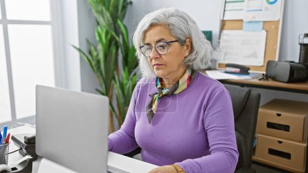 Femme aux cheveux gris travaillant concentrée à son bureau avec ordinateur portable, senior professionnel à l'intérieur.