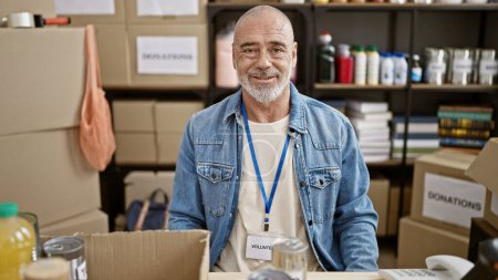 Smiling bearded man wearing volunteer badge stands in donation center surrounded by boxes and supplies