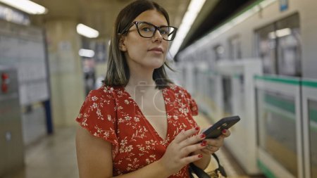 Fröhliche junge hispanische Frau mit Brille tippt fröhlich eine Nachricht auf ihr Smartphone, während sie an einer belebten Stadtstation geduldig auf die U-Bahn wartet, um eine neue Reise anzutreten.