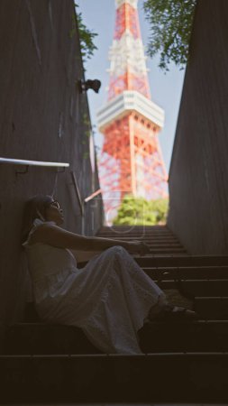 Schöne hispanische Frau mit Brille, die auf einer Treppe thront, ein Porträt der urbanen Moderne an Tokyos berühmter Turmspitze