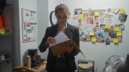 Focused woman detective reads a document in a cluttered police office, with investigation board in the background.