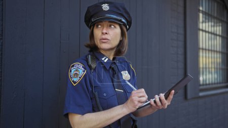 Photo for A focused policewoman writing a report on her notepad, wearing a uniform with a badge, standing outside on a city street. - Royalty Free Image