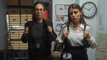 Téléchargez les photos : Deux femmes détectives dans un bureau, insignes visibles, entourées de dossiers, horloge, et affiches manquantes. - en image libre de droit