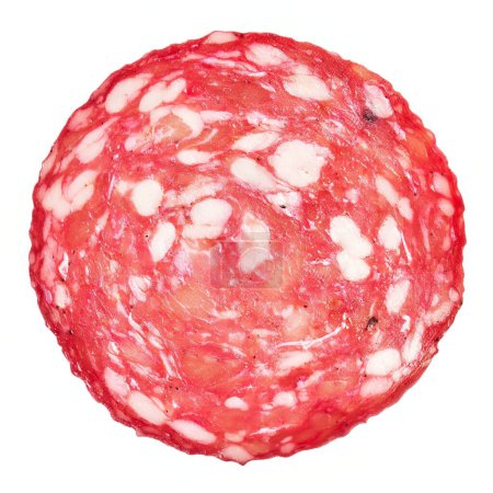 Close-up of sliced salami on a white background, highlighting its texture and vibrant red hues.
