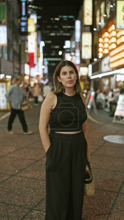 Schöne hispanische Frau ernsten Gesichtsausdruck in Stadtbild Porträt eingefangen, steht stark auf Tokyos urbanen Straßen unter beleuchteten Nachtlichtern
