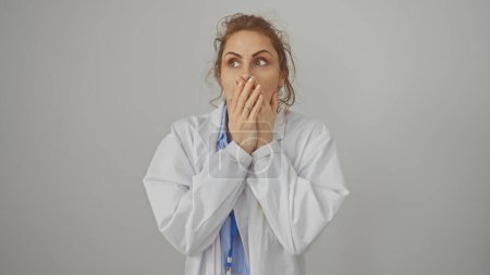 Mujer caucásica sorprendida con una bata blanca de laboratorio aislada sobre un fondo blanco, cubriéndose la boca con las manos