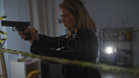 Caucasian woman detective aiming a pistol in a dimly lit crime scene room with caution tape.
