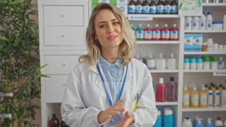 Pharmacienne blonde souriante en manteau blanc dans une pharmacie avec des étagères de produits.