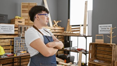 Photo for Confident man with arms crossed standing in a well-organized carpentry workshop. - Royalty Free Image
