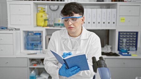 Homme en blouse de laboratoire lisant un manuel dans un laboratoire moderne avec microscope et équipement