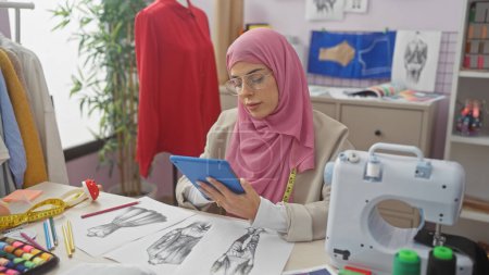 Photo for A young muslim woman textile designer attentively using a tablet in a modern sewing atelier filled with fabric and sketches. - Royalty Free Image