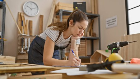 Téléchargez les photos : Jeune femme concentrée dessinant des plans dans un atelier de menuiserie ensoleillé entouré de bois et d'outils. - en image libre de droit