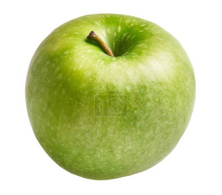 Nahaufnahme eines frischen, grünen Apfels auf weißem Hintergrund, der auf gesunde Ernährung und biologische Produkte hindeutet.
