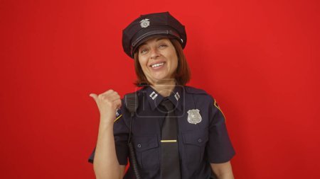 Photo for Smiling middle-aged hispanic female police officer gesturing with thumb against a red background. - Royalty Free Image