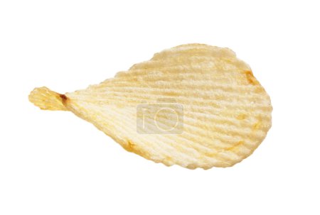 Single, crispy potato chip isolated on a white background, indicating snack, crunchy, and food themes.