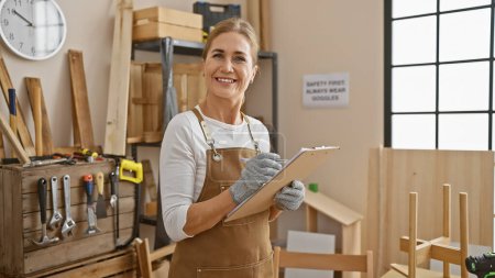 Photo for A smiling mature woman in a carpentry workshop taking notes on a clipboard surrounded by woodworking tools and wooden furniture projects. - Royalty Free Image