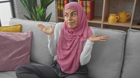 Photo for A young woman wearing a pink hijab expressing uncertainty while sitting on a sofa in a modern living room. - Royalty Free Image