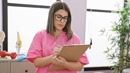 Photo for A young hispanic woman in scrubs holding a clipboard in a medical clinic interior. - Royalty Free Image