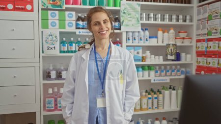 A smiling woman pharmacist stands in a drugstore filled with medicines and healthcare products.