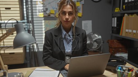 Téléchargez les photos : Une jeune femme caucasienne détective dans un bureau, avec un badge, travaillant sur un ordinateur portable à l'intérieur. - en image libre de droit