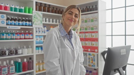 A young, attractive, blonde woman wearing a lab coat stands smiling in a pharmacy with shelves of products