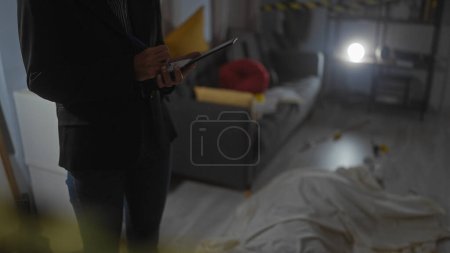 Foto de Una persona sosteniendo un cuaderno en una escena del crimen débilmente iluminada con marcadores de evidencia y un cuerpo cubierto de sábanas. - Imagen libre de derechos