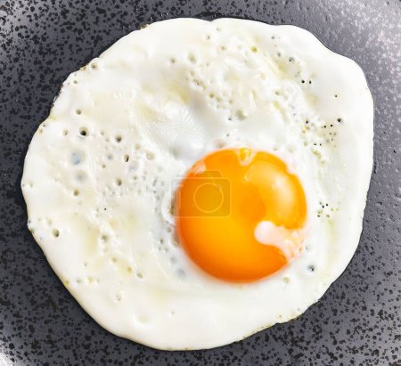 Close-up view of a freshly cooked fried egg on a nonstick skillet, perfect for breakfast themed imagery.