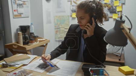 Téléchargez les photos : Une femme caucasienne professionnelle analyse des documents dans le bureau encombré d'un service de police. - en image libre de droit