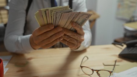 Foto de Un hombre maduro en una oficina nos sostiene dólares, con anteojos y documentos en su escritorio, lo que implica un tema financiero. - Imagen libre de derechos