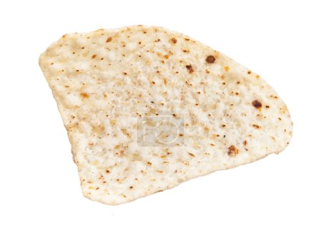 Close-up view of a single, whole tortilla chip isolated on a white background, depicting its textured surface.