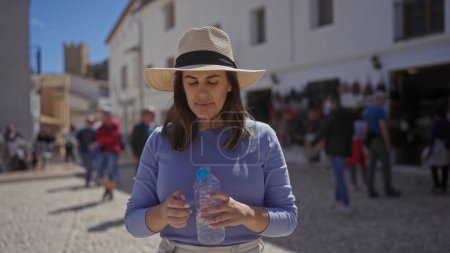 Mujer hispana con sombrero de paja sosteniendo botella de agua en la soleada calle urbana