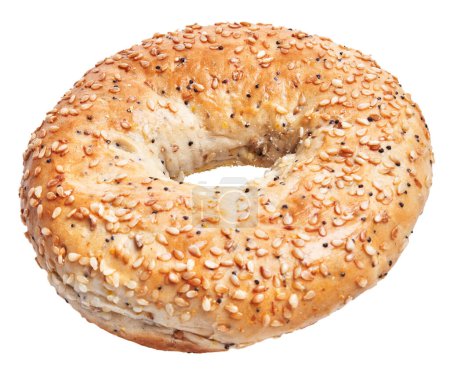 Isolated sesame bagel with poppy seeds on a white background, depicting a fresh bakery product.