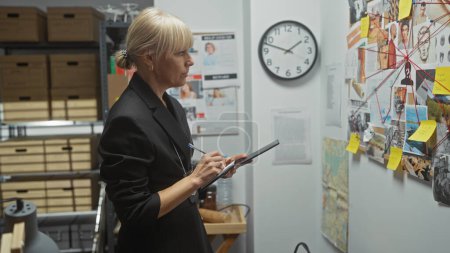 A blonde woman detective analyzes evidence at a police station board in an office setting.