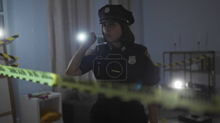 Photo for Hispanic policewoman investigates a dimly-lit indoor crime scene, flashlight in hand. - Royalty Free Image