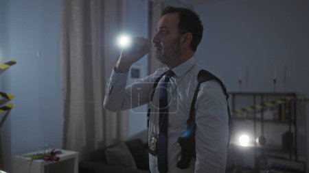 Téléchargez les photos : Homme mûr avec barbe en tenue de détective enquête sur une pièce faiblement éclairée, tenant une lampe de poche et portant un insigne. - en image libre de droit