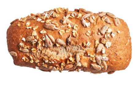 A loaf of seeded wholegrain bread isolated on a white background.