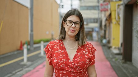 Confident hispanic woman in glasses offers a serious look, standing on tokyo's vibrant city street, portrait against urban architecture.