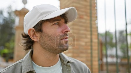 Side view of a contemplative young man with a beard wearing a white cap and casual clothing against a blurred urban street background