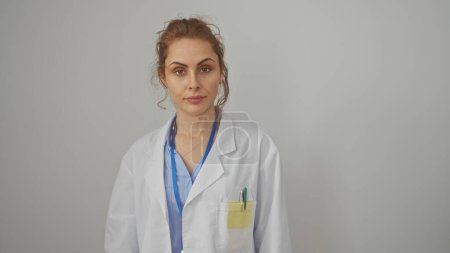 A confident young caucasian female doctor stands against a white isolated background, portraying professionalism and approachability.