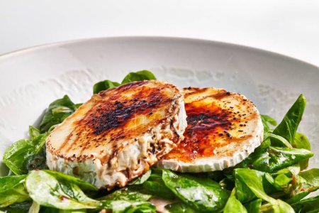 Photo for Grilled goat cheese on a bed of fresh spinach leaves, garnished with balsamic reduction. - Royalty Free Image