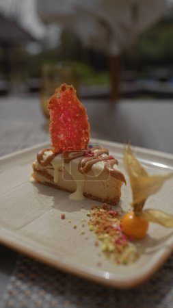 Gourmet cheesecake topped with caramel, a crispy tuile, and adorned with a physalis fruit on an elegant plate.