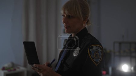 Caucasian woman police officer investigates crime scene indoors with pen and notepad
