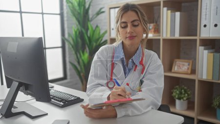 Une femme blonde médecin en manteau blanc écrit des notes dans un bureau hospitalier moderne, incarnant le professionnalisme et les soins de santé.