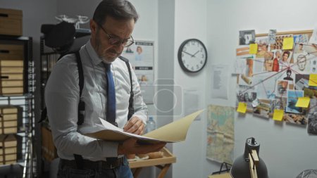 Téléchargez les photos : Homme barbu mature au bureau scrutant les documents avec un tableau de preuves en arrière-plan suggérant un thème de détective. - en image libre de droit