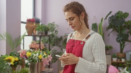 A young caucasian woman using a smartphone in a flower shop with beautiful green plants in the background.