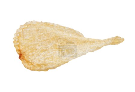 A single golden potato chip isolated on a white background, indicative of snack, crisp, food, salty, crunchy, potato, fried, junkfood, snacktime, and unhealthy.